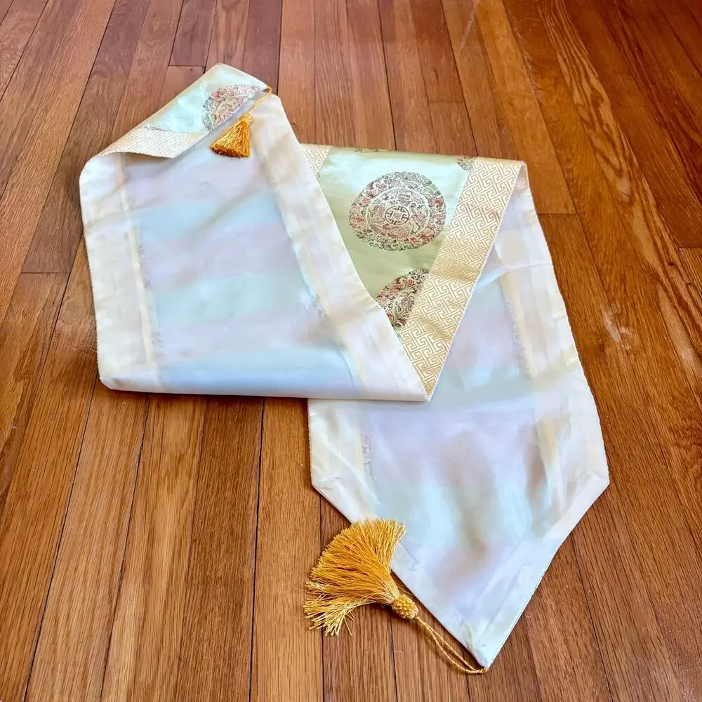 Vintage Asian Silk Brocade Table Runner Gold Tassels Chinoiserie